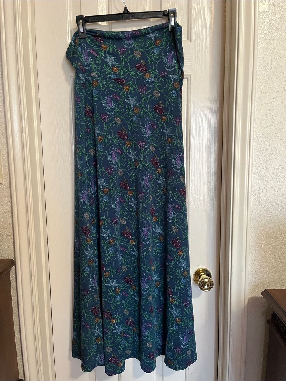 LuLaRoe XL Teal Floral Maxi Skirt Fold Over Yoga Waist Boho Stretch - Picture 4 of 7